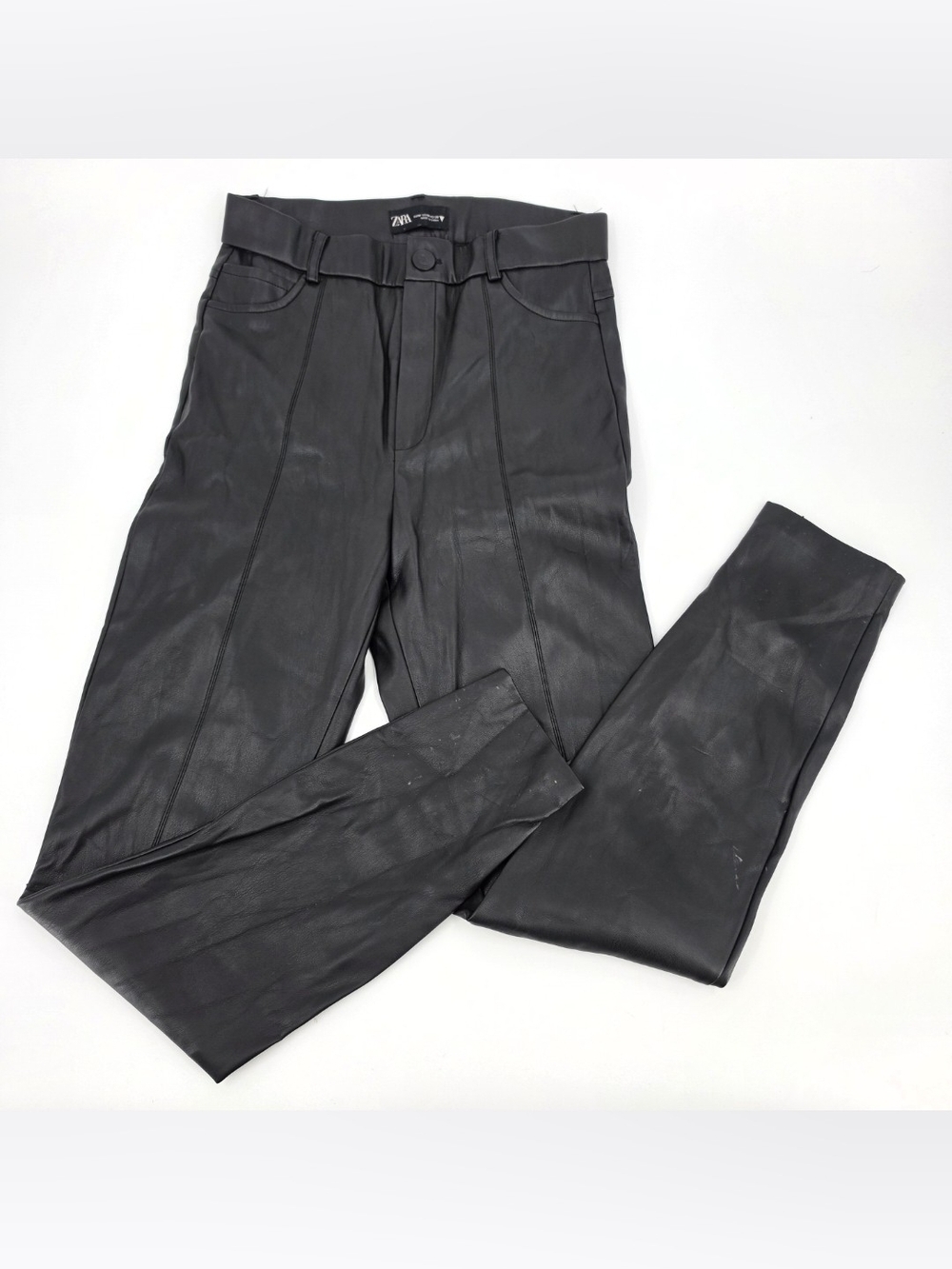 Zara High Waisted Faux Leather Pants Skinny Zip Ankle Womens Size Medium Black